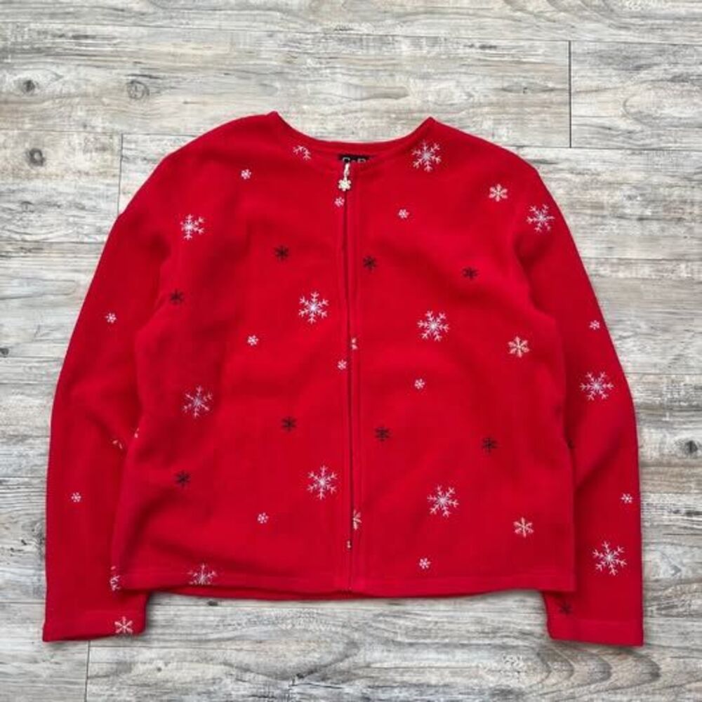 Vintage Ugly Christmas Sweater Fleece Zip Embroidered Red Large Snowflake 90s